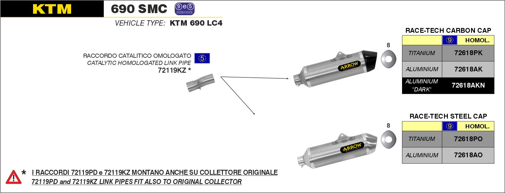 SCARICO OMOLOGATO E5+E9 RACE-TECH TITANIO-CARBONIO ARROW KTM 690 SMC 09-16
