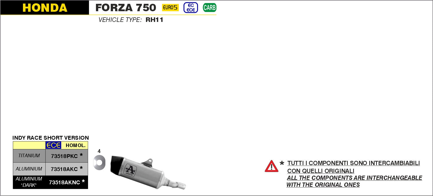 SCARICO MARMITTA RACE-TECH CORTO TITANIO-CARBONIO ARROW HONDA FORZA 750 2021>