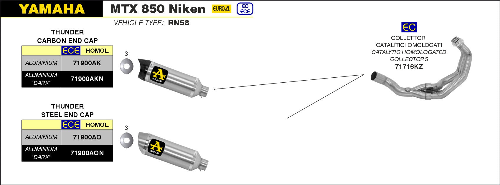 COMPLETE EXHAUST APPR. EC+ECE THUNDER ALU-CARB ARROW YAMAHA MTX 850 NIKEN 18-20