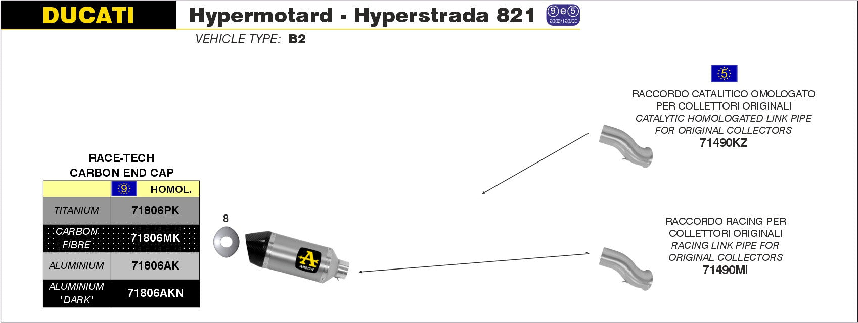 KIT SILENCER APPR. E5+E9 RACE-TECH TIT-CARB ARROW DUCATI HYPERMOTARD 821 13-15