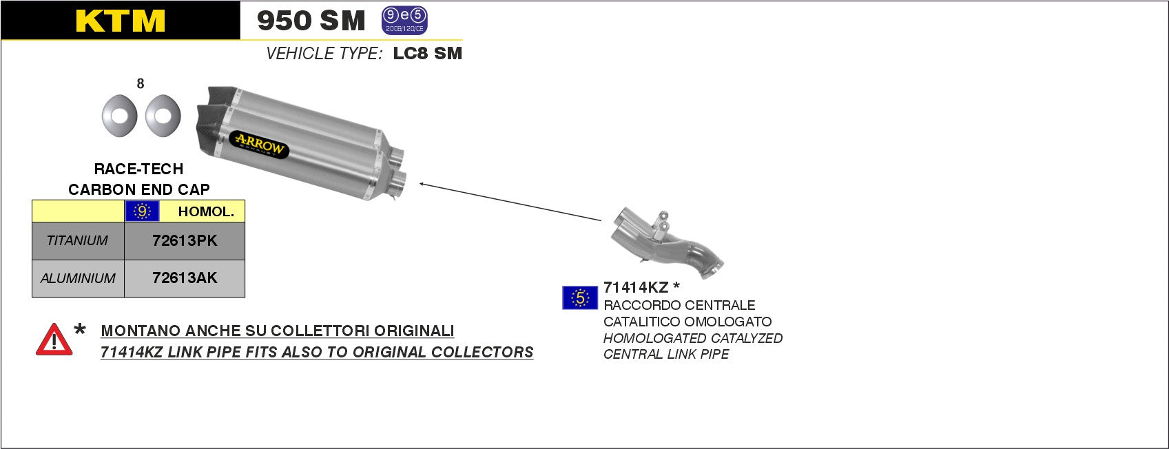 KIT SCARICO MARMITTA OMOLOGATO E5+E9 TITANIO-CARBONIO ARROW KTM 950 SM 06-2009
