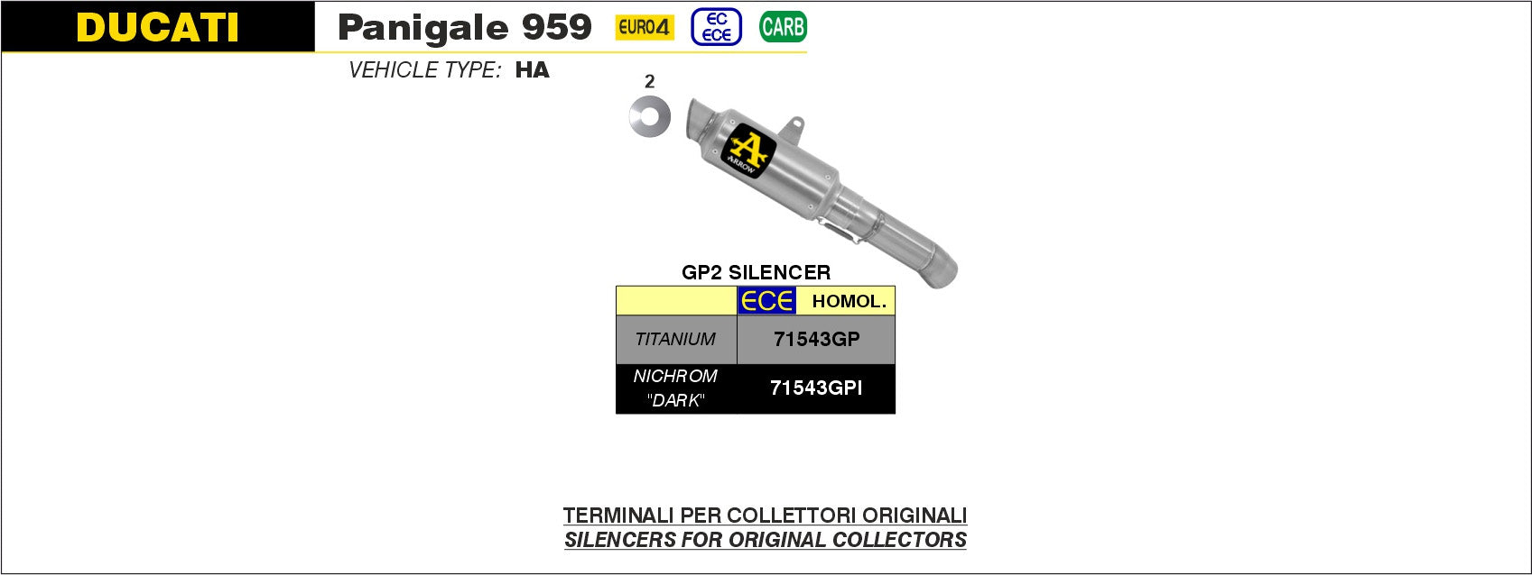 KIT SILENCER GP2 FULL TITANIUM ARROW DUCATI PANIGALE 959 2016-19