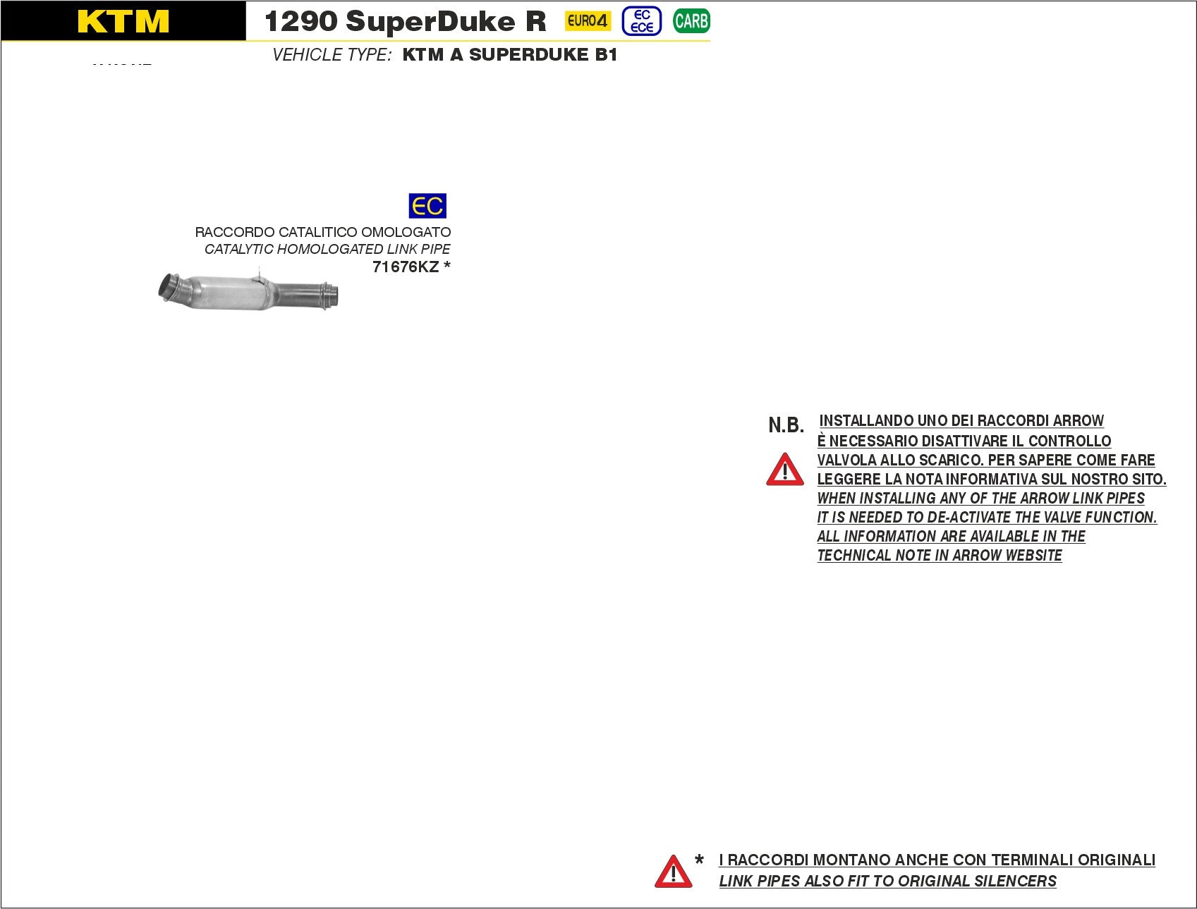 RACCORDO CENTRALE OMOLOGATO EURO4 EC ARROW KTM 1290 SUPERDUKE 2017-19