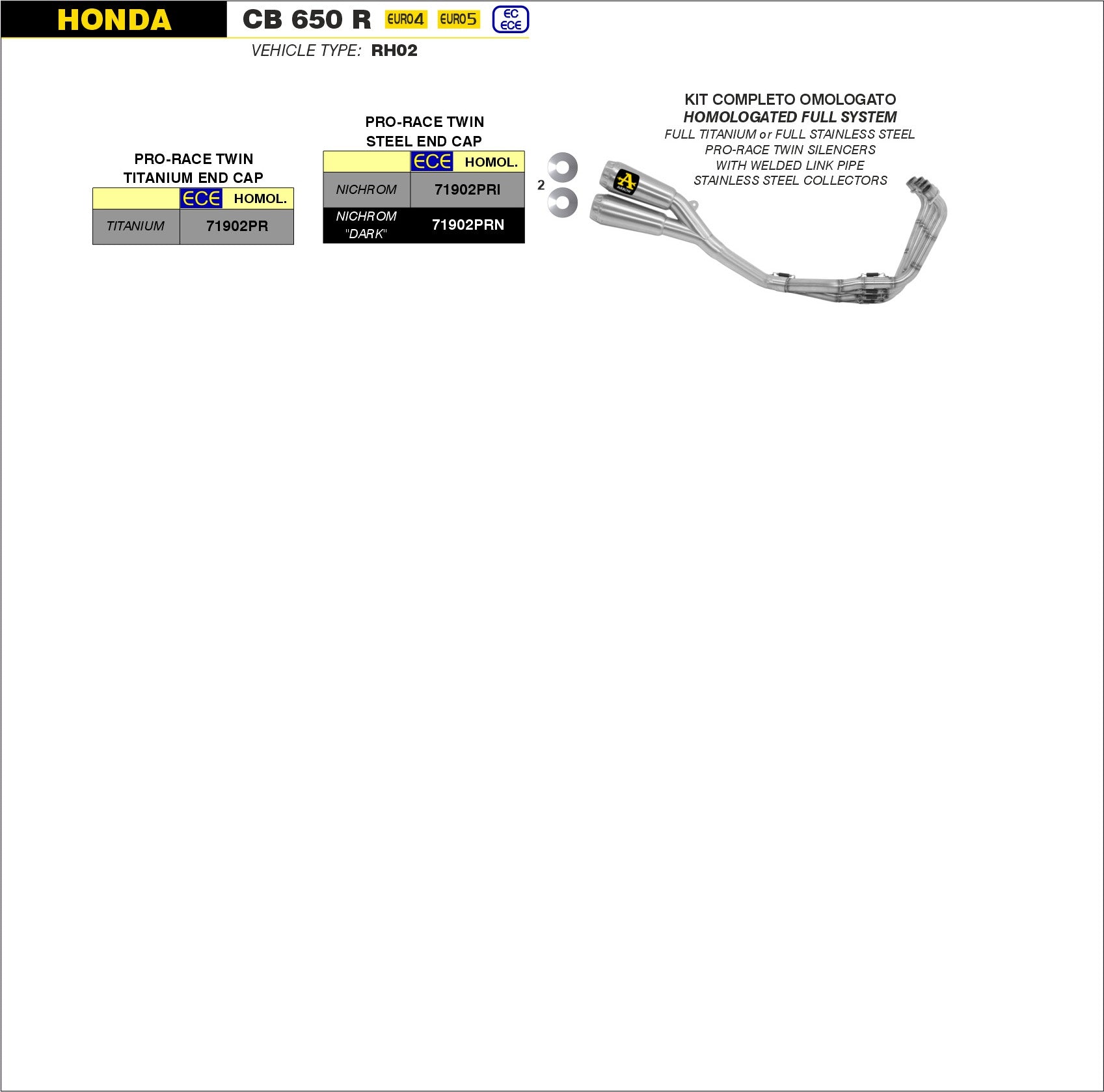 COMPLETE EXHAUST OMO E5+E9 PRO-RACE TITANIUM ARROW HONDA CB 650 R 2019-2021