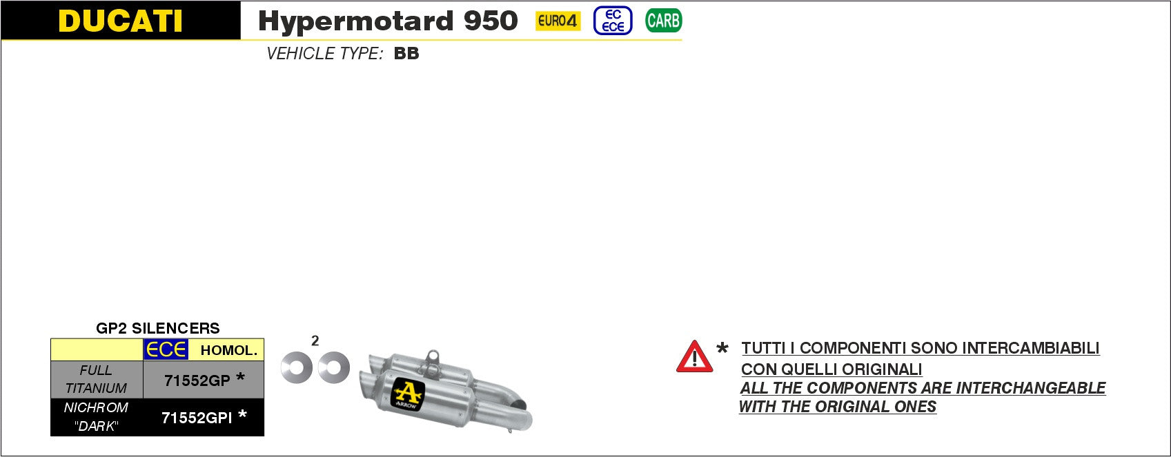 SILENCER APPROVED GP-2 TITANIUM (DX+SX) ARROW DUCATI HYPERMOTARD 950 SP 19-20