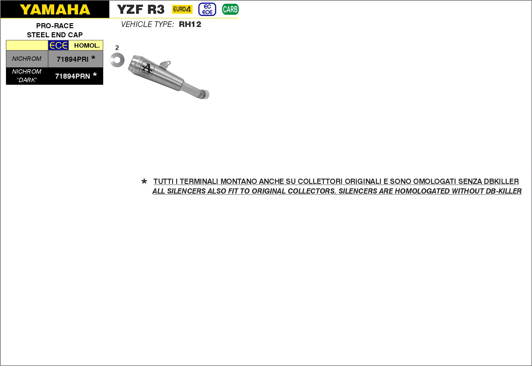 SILENCER PRO-RACE NICHROM ARROW YAMAHA YZF R3 2019-20