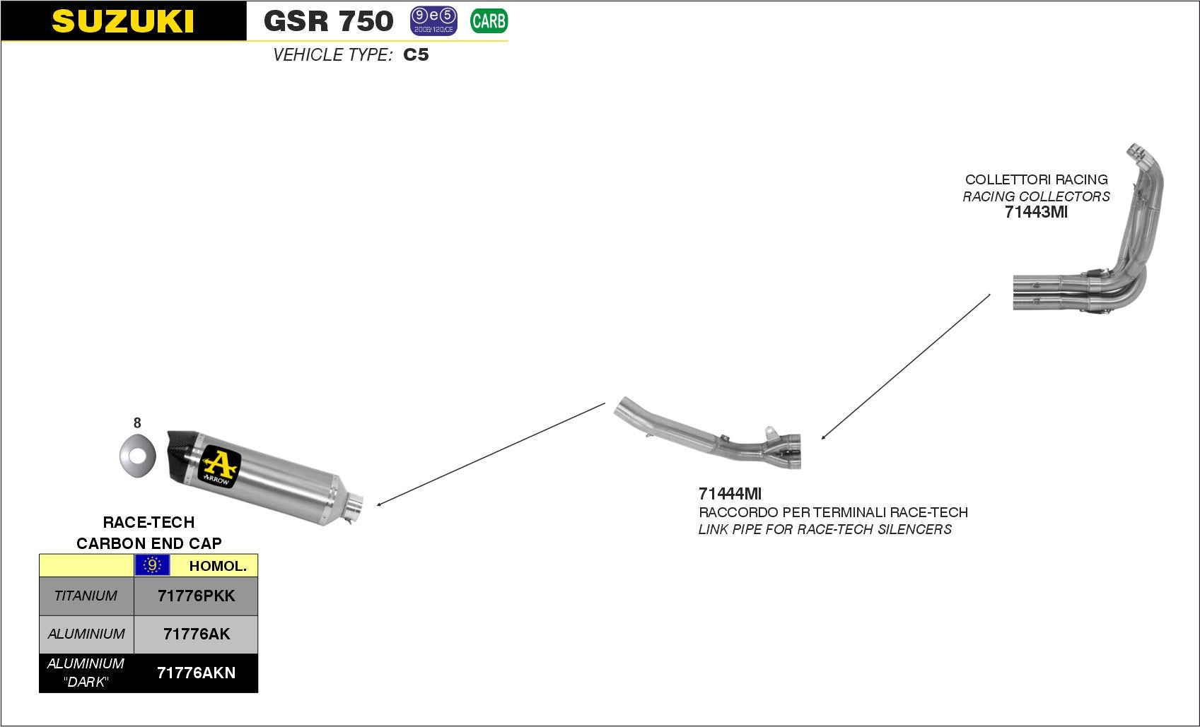 COMPLETE EXHAUST RACE-TECH TITANIUM-CARB ARROW SUZUKI GSR 750 2011-16