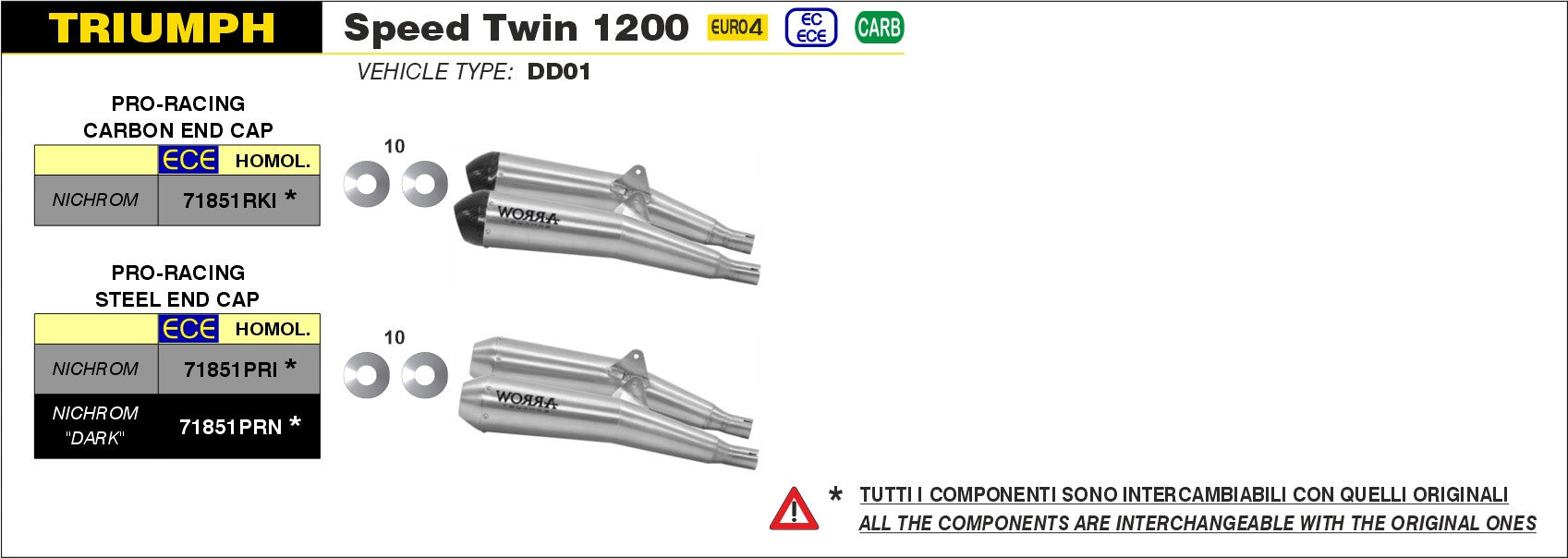 SCARICO MARMITTA PRO-RACING NICHROM-CARBONIO ARROW TRIUMPH THRUXTON 1200 2016-20