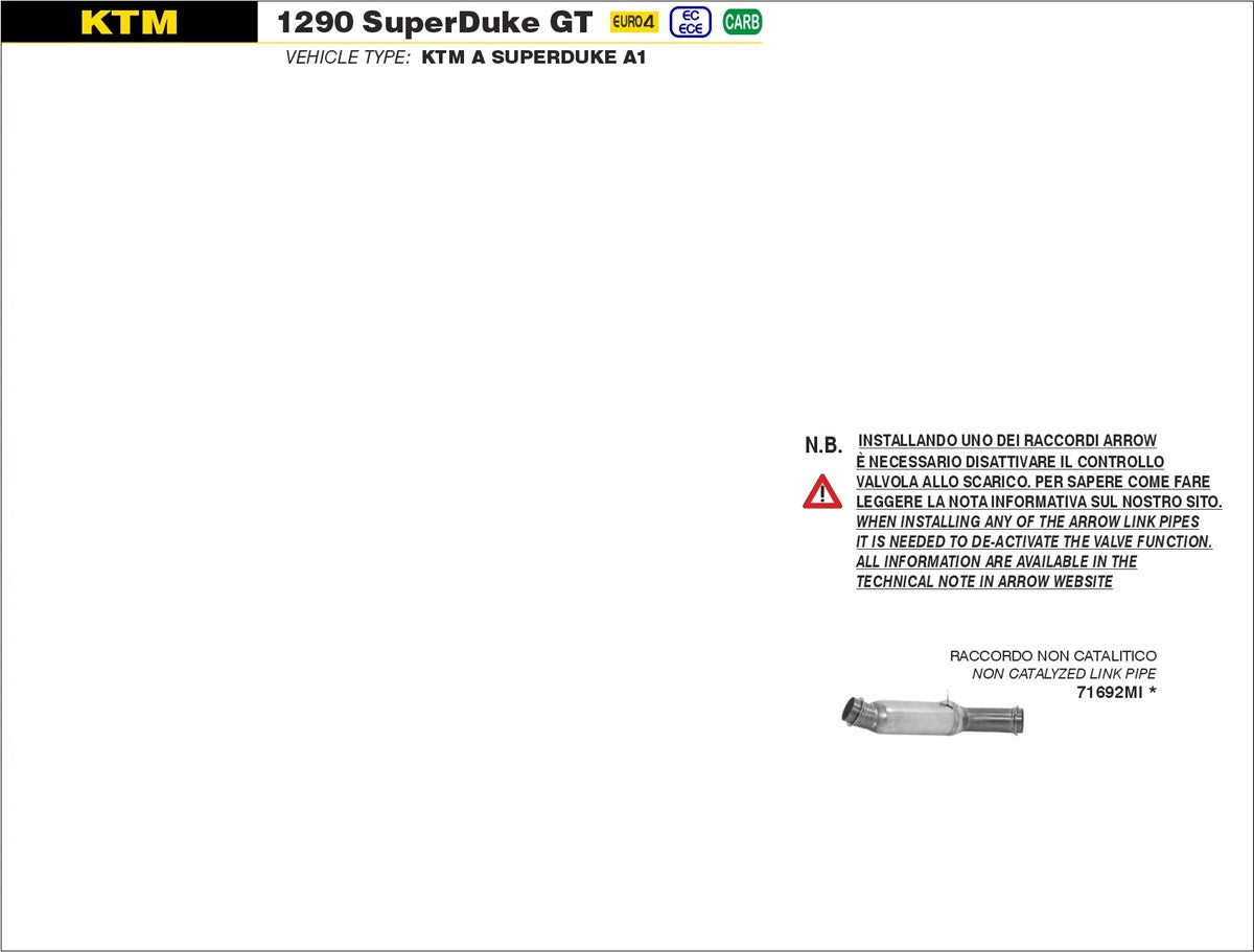 RACCORDO CENTRALE NON CATALITICO ARROW KTM 1290 SUPERDUKE GT 2017-18