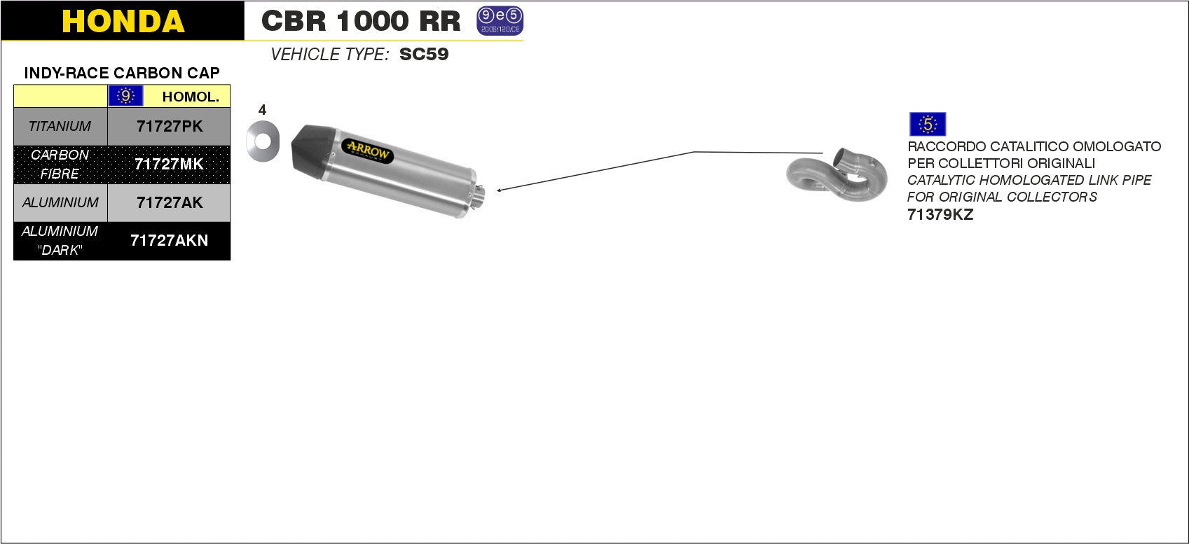 KIT SILENCER INDY-RACE APPROVED E5+E9 IN TIT-CARB ARROW HONDA CBR 1000 RR 08-13