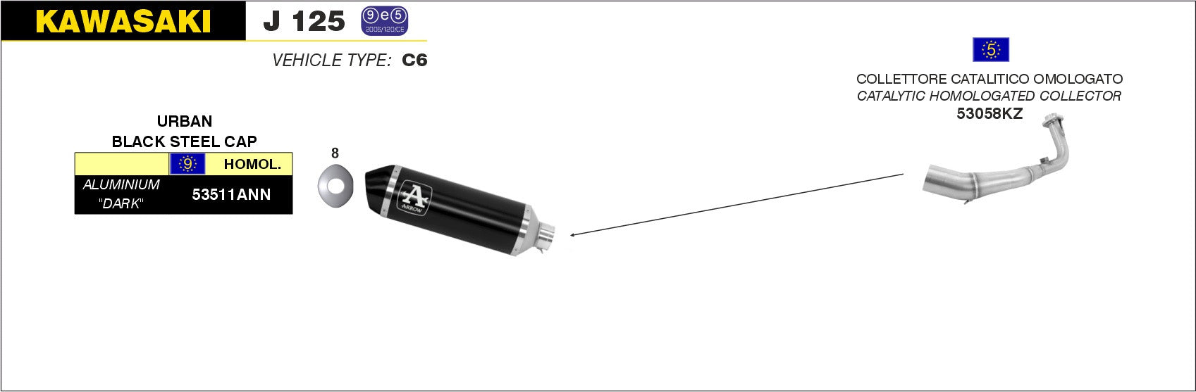 SCARICO COMPLETO OMOLOGATO E5+E9 URBAN INOX-NERO ARROW KAWASAKI J 125 ABS 2016
