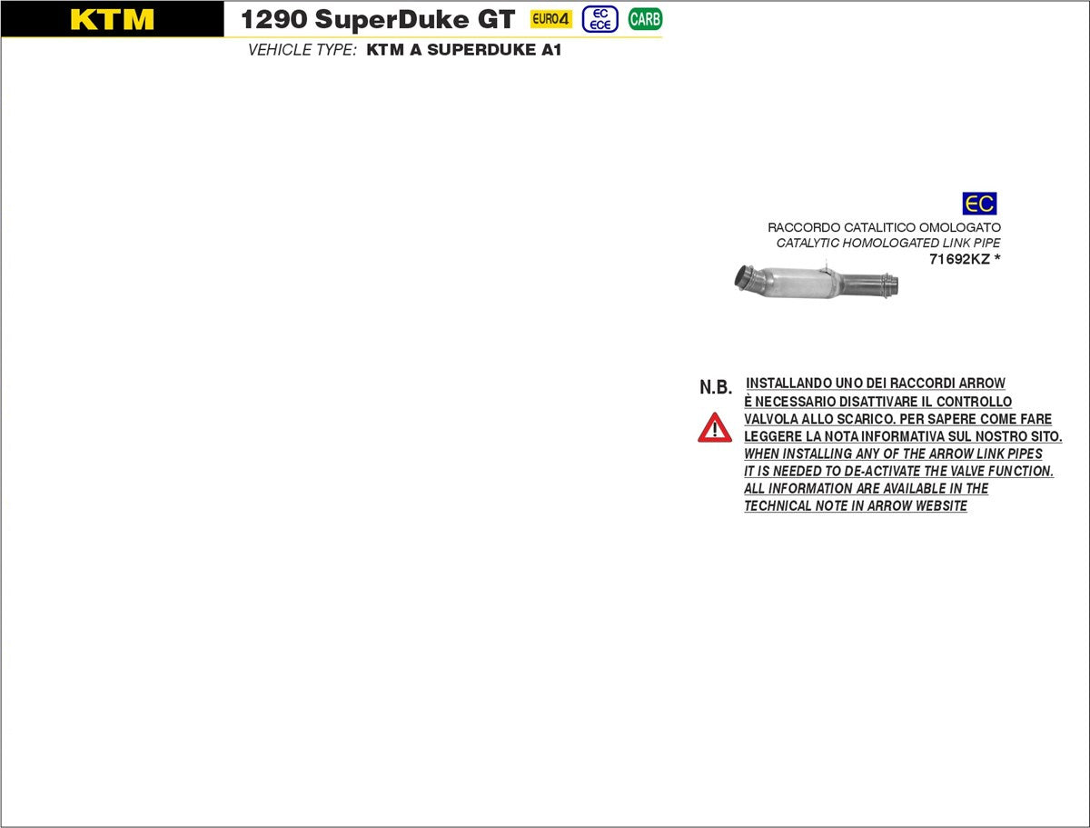 RACCORDO CENTRALE OMOLOGATO EURO4 EC ARROW KTM 1290 SUPERDUKE GT 2017-18