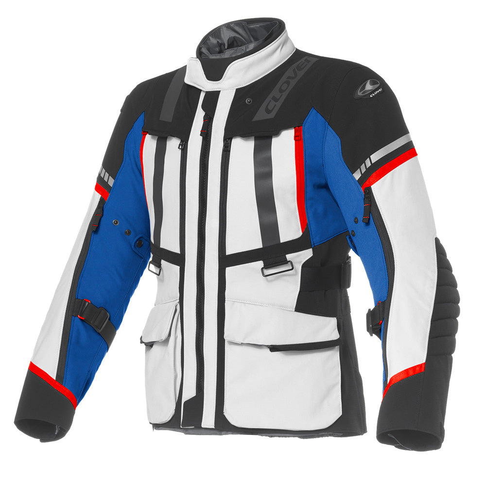 Clover Savana 4 WP black and green waterproof motorcycle jacket displayed on a hanger.