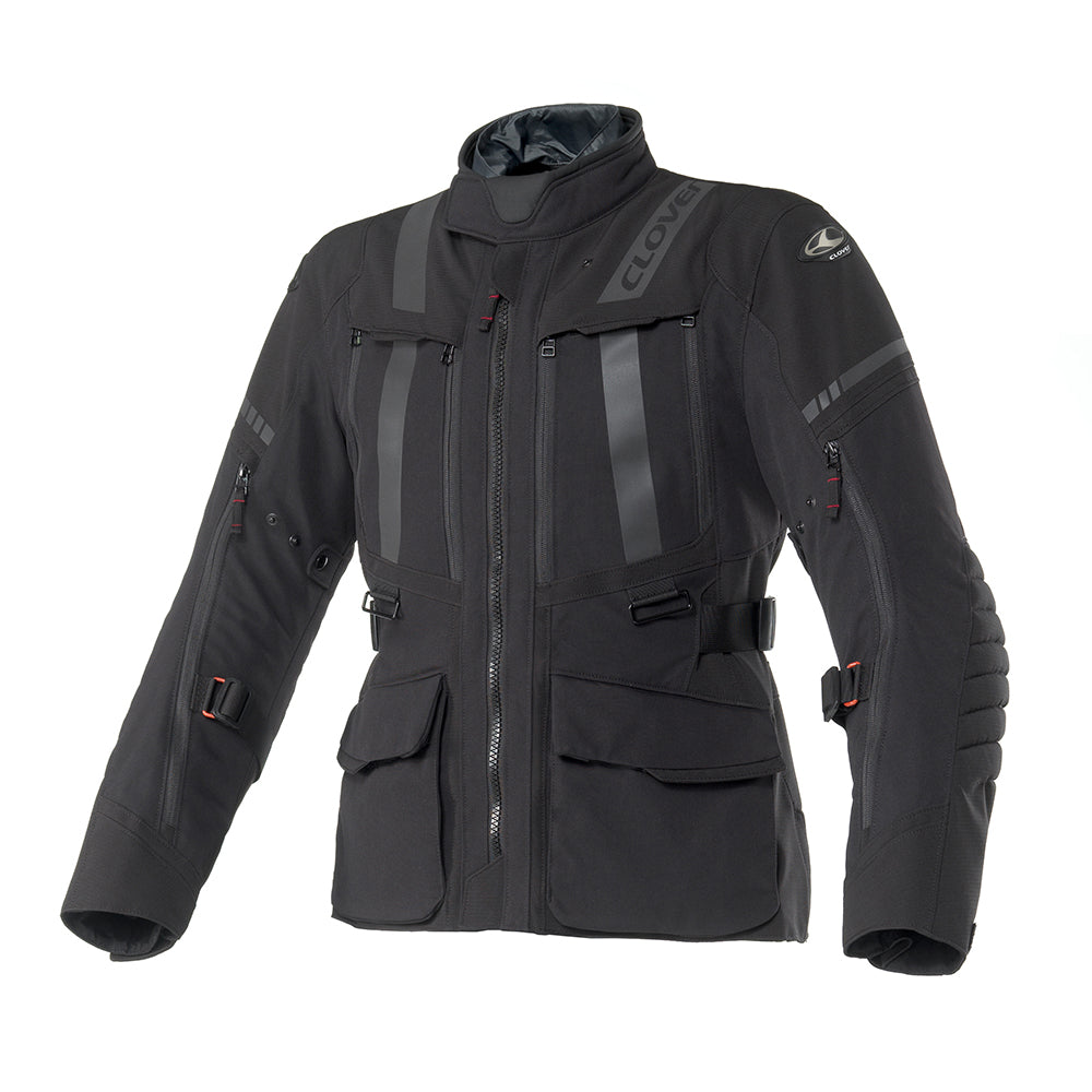 Clover Savana 4 WP N/N waterproof motorcycle jacket in black, showcasing front view and zipper detailing.