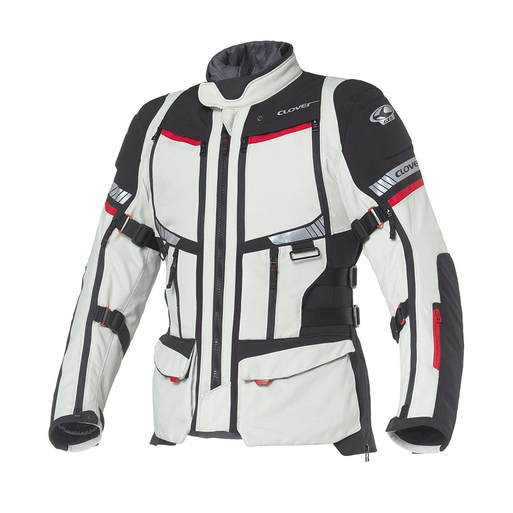 Clover GTS-5 WP motorcycle jacket in black and grey, showcasing its waterproof design and stylish fit.