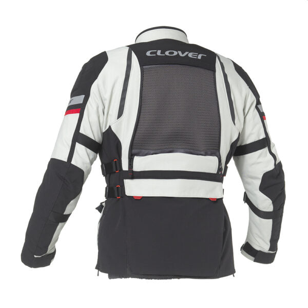 Clover GTS-5 WP motorcycle jacket in black and grey, featuring a waterproof design for protection in wet conditions.
