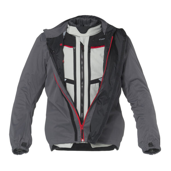 Clover GTS-5 WP motorcycle jacket in black and gray, showcasing waterproof design and durable material.
