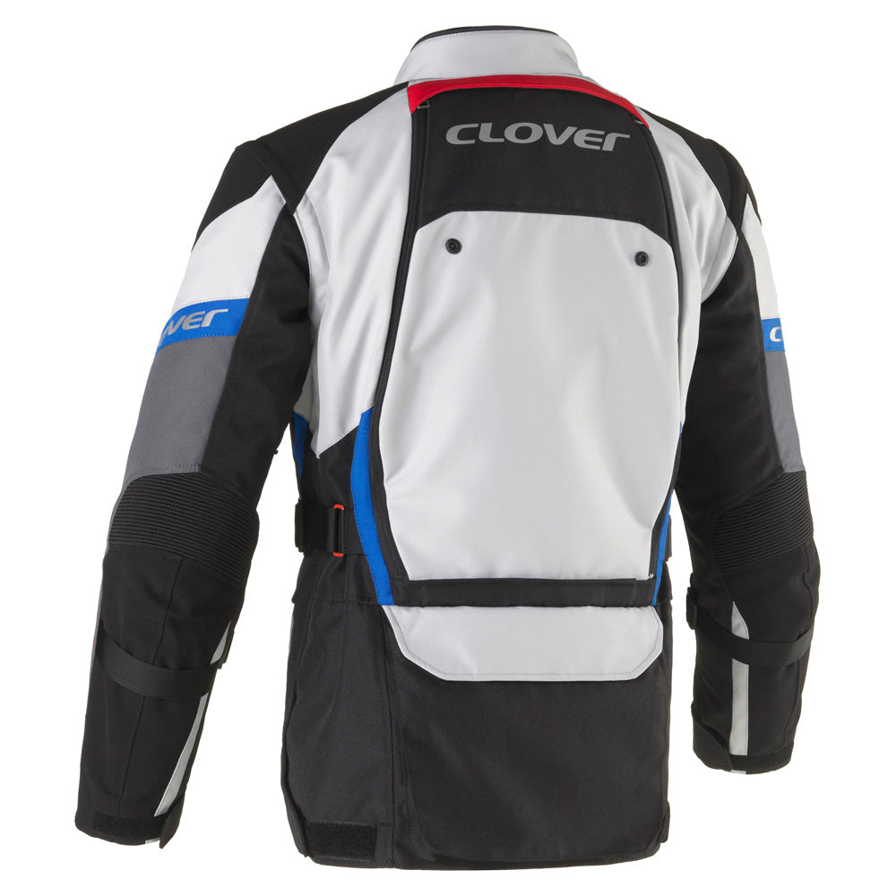 Clover Rally Pro WP N/GR waterproof motorcycle jacket in black and green, featuring protective design and ventilation.