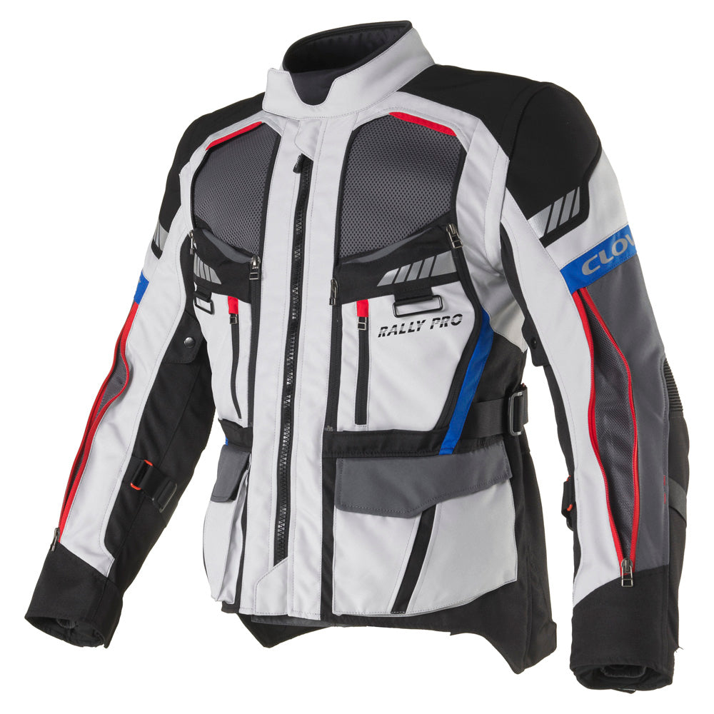 Clover Rally Pro WP motorcycle jacket in black and grey, featuring a waterproof design and protective details.