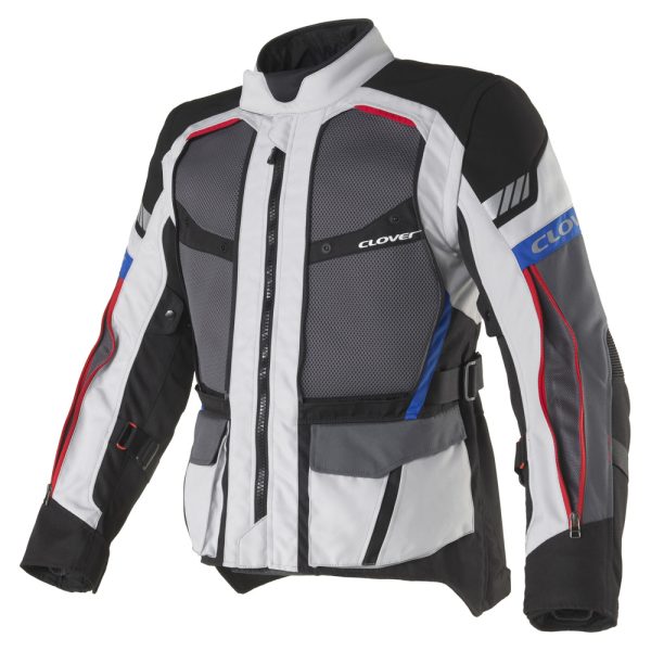 Clover Rally Pro WP motorcycle jacket in black and gray, showcasing waterproof design and protective features.