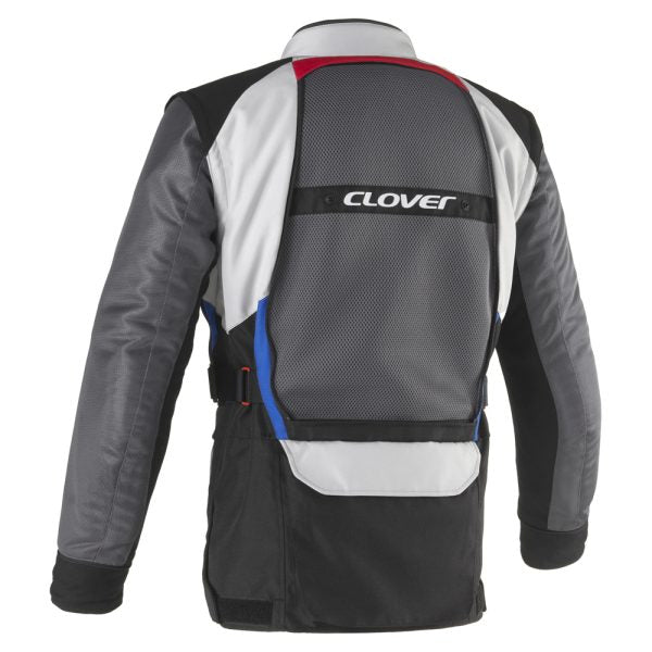 Waterproof Clover Rally Pro motorcycle jacket in black and grey, featuring a sleek design and protective elements.