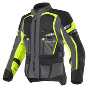 Clover Rally Pro WP N/G waterproof motorcycle jacket in black and green, featuring protective design and ventilation.