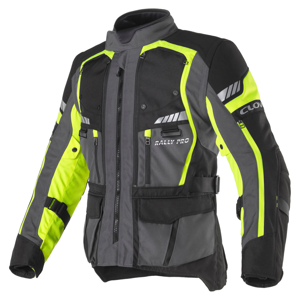 Clover Rally Pro WP N/G waterproof motorcycle jacket in black and green, featuring protective design and ventilation.