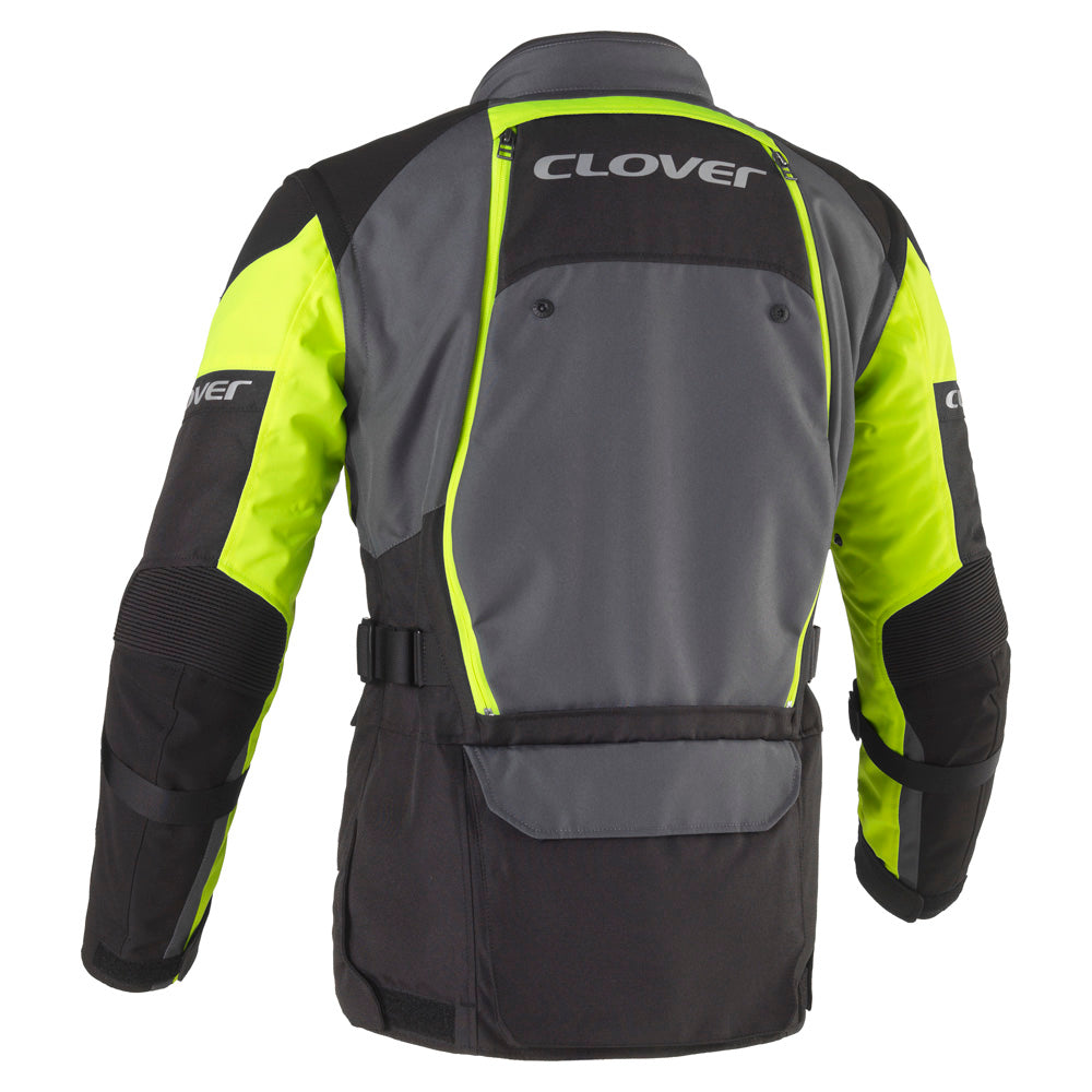 Clover Rally Pro WP N/G waterproof motorcycle jacket in black and gray with reflective details and adjustable features.