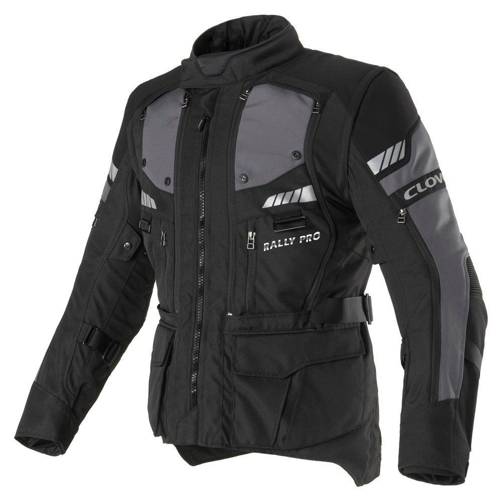 Clover Rally Pro WP N/N waterproof motorcycle jacket in black, featuring protective design and adjustable fit.