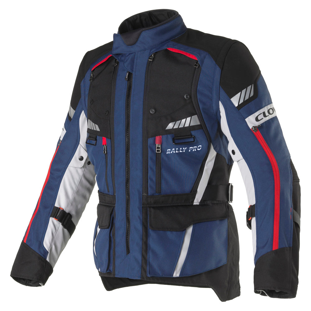 Clover Rally Pro WP NAV/N waterproof motorcycle jacket in navy, featuring protective design and functional elements.