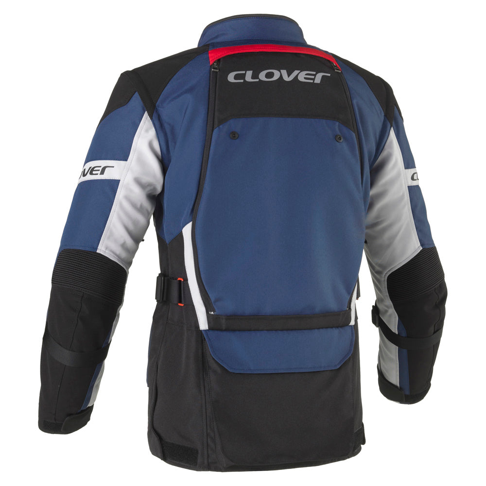 Clover Rally Pro WP navy waterproof motorcycle jacket showcasing zippers and adjustable cuffs.