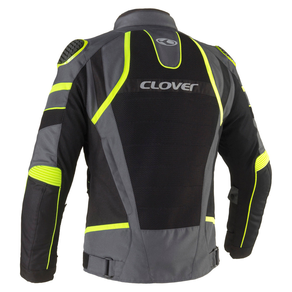 Clover Rainjet-3 waterproof motorcycle jacket in gray, featuring a sleek design and protective elements.