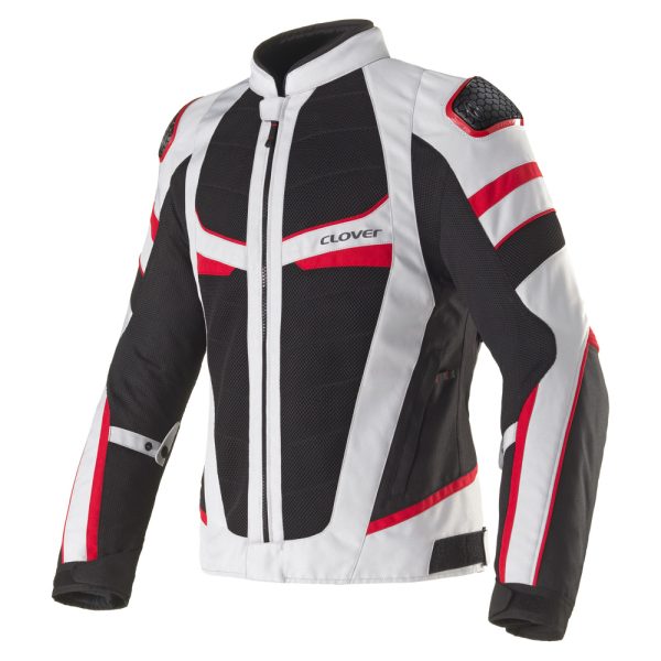 Clover Rainjet-3 waterproof motorcycle jacket in grey and red, featuring a sleek design and protective elements.