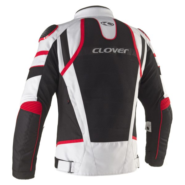Clover Rainjet-3 waterproof motorcycle jacket in red and grey, featuring a sleek design and protective features.