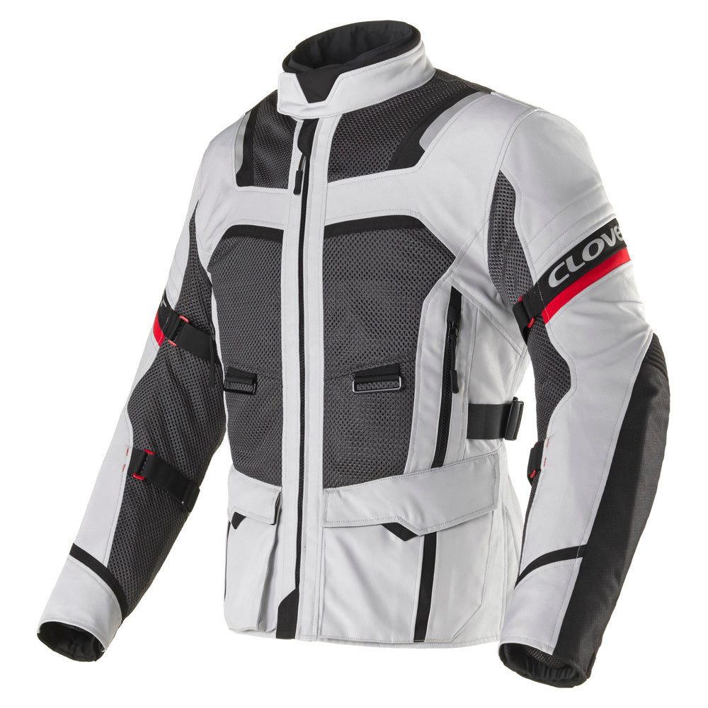 Clover Ventouring-4 waterproof motorcycle jacket in black and grey, featuring a sleek design and protective elements.