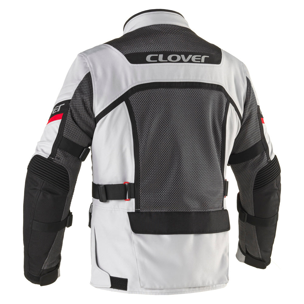 Clover Ventouring-4 waterproof motorcycle jacket in black and gray, featuring a sleek design and protective details.