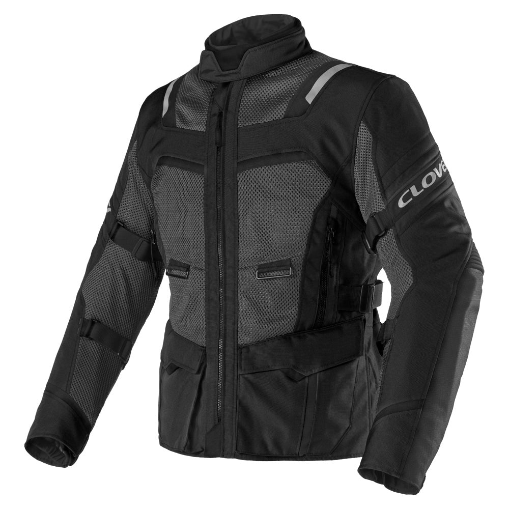 Clover Ventouring-4 WP N/N waterproof motorcycle jacket in black, featuring ventilation and protective design.