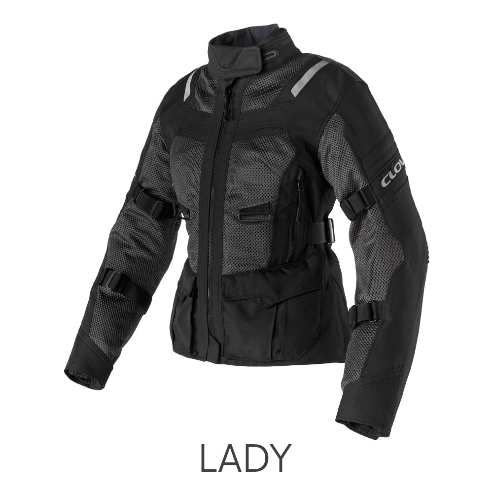 Clover Ventouring-4 WP Lady N/N waterproof motorcycle jacket in black, showcasing stylish design and protective features.