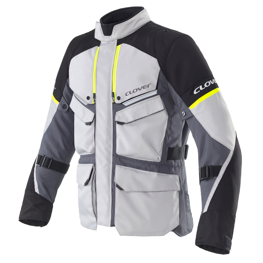 Clover Scout-5 waterproof motorcycle jacket in gray, featuring a stylish design and protective elements for riders.