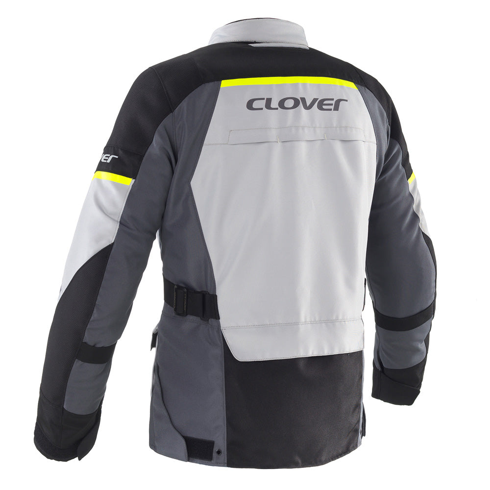 Clover Scout-5 waterproof motorcycle jacket in grey and green, showcasing its durable fabric and stylish design.