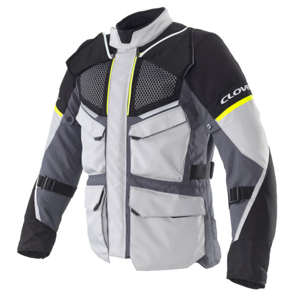 Clover Scout-5 waterproof motorcycle jacket in gray, showcasing front design and durable fabric.
