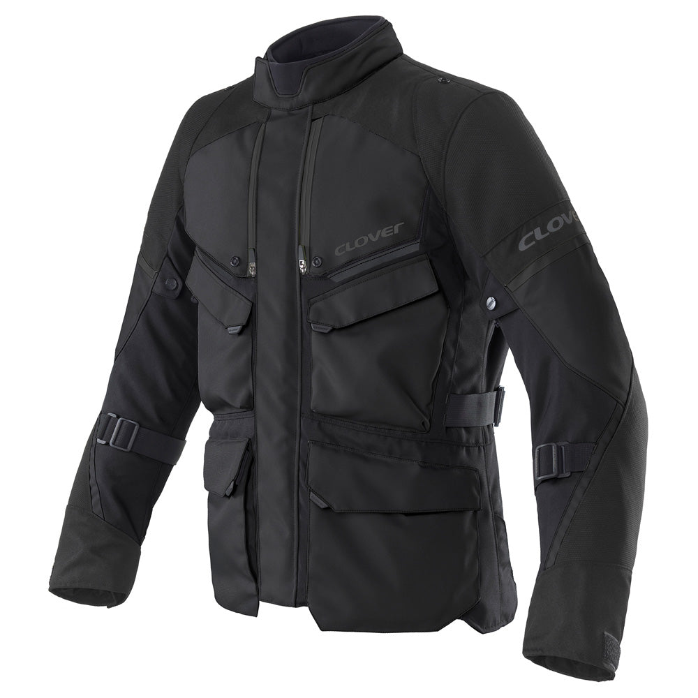 Clover Scout-5 waterproof motorcycle jacket in black, featuring a sleek design and protective elements.