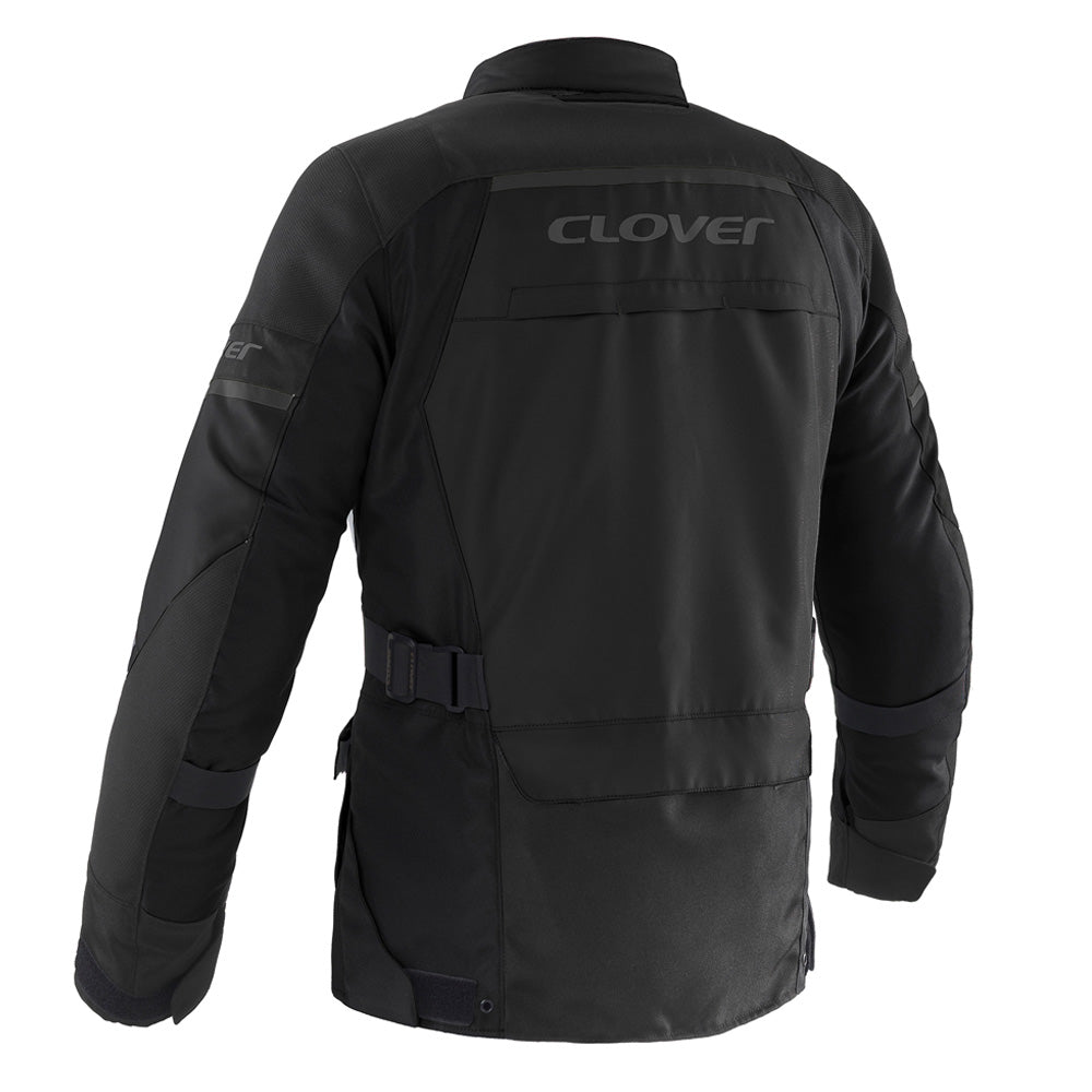 Clover Scout-5 waterproof motorcycle jacket in black, showcasing front view and detailed stitching design.
