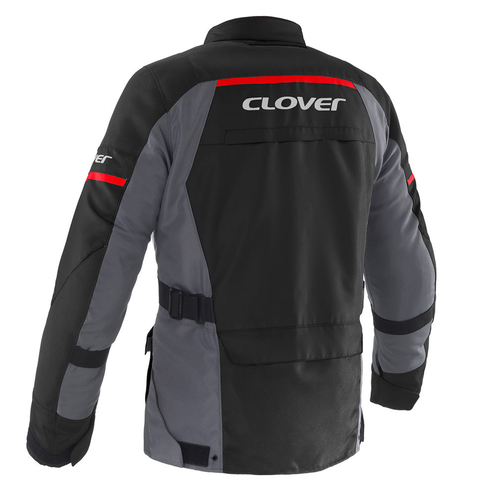Clover Scout-5 waterproof motorcycle jacket in black, showcasing its sleek design and protective features.