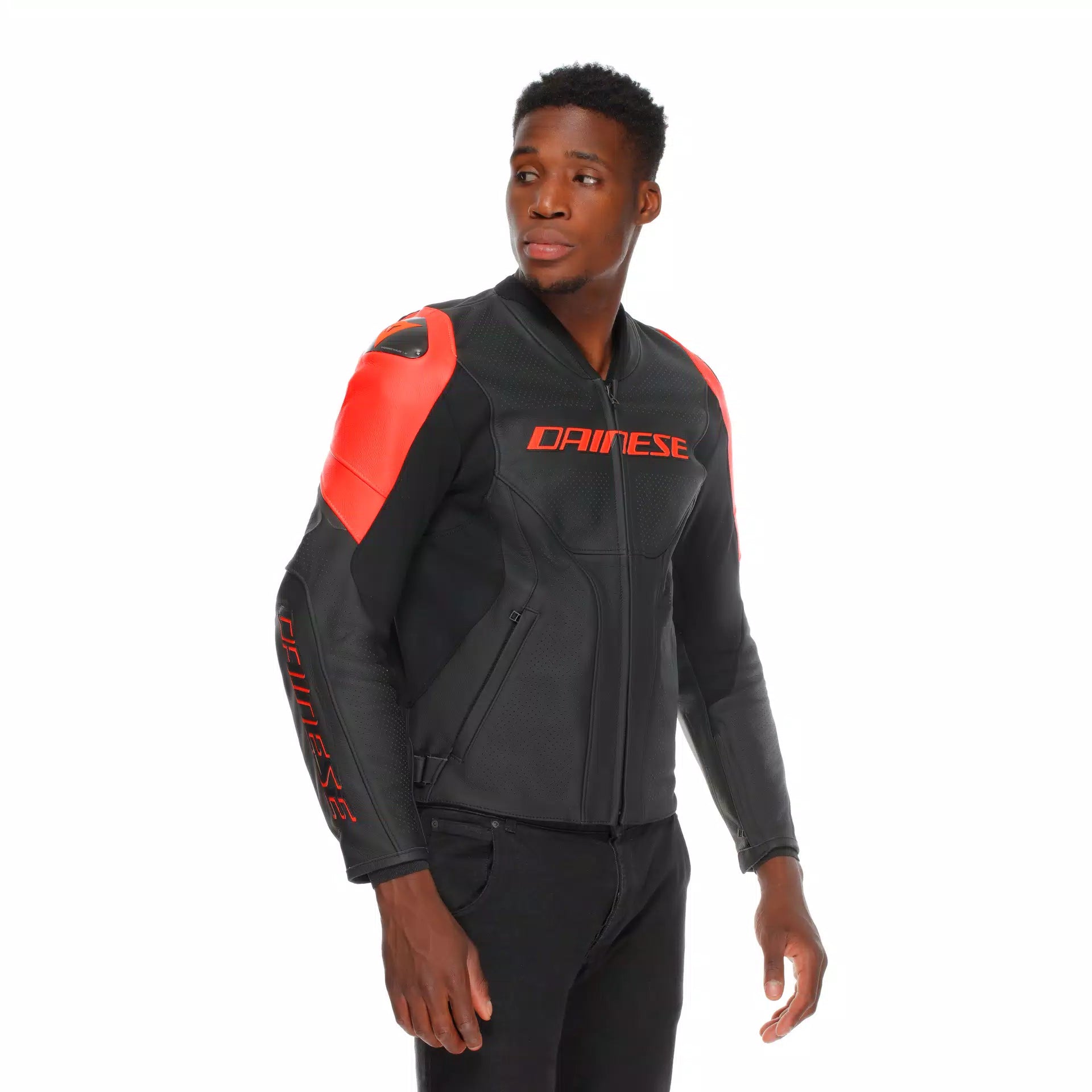 GIACCA DA MOTO IN PELLE TRAFORATA DAINESE RACING 5 NERA/ROSSO FLUO