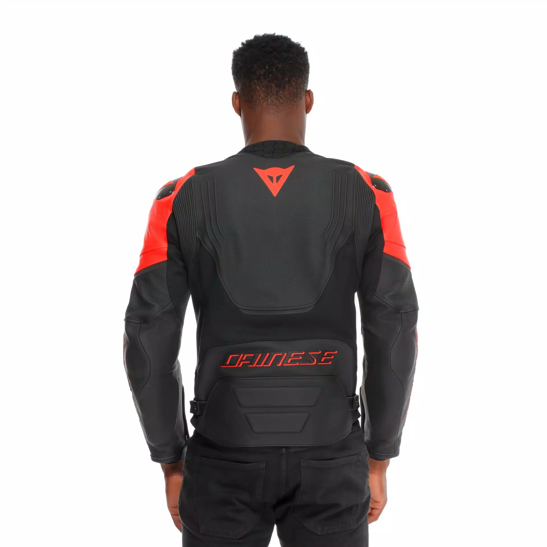 GIACCA DA MOTO IN PELLE TRAFORATA DAINESE RACING 5 NERA/ROSSO FLUO