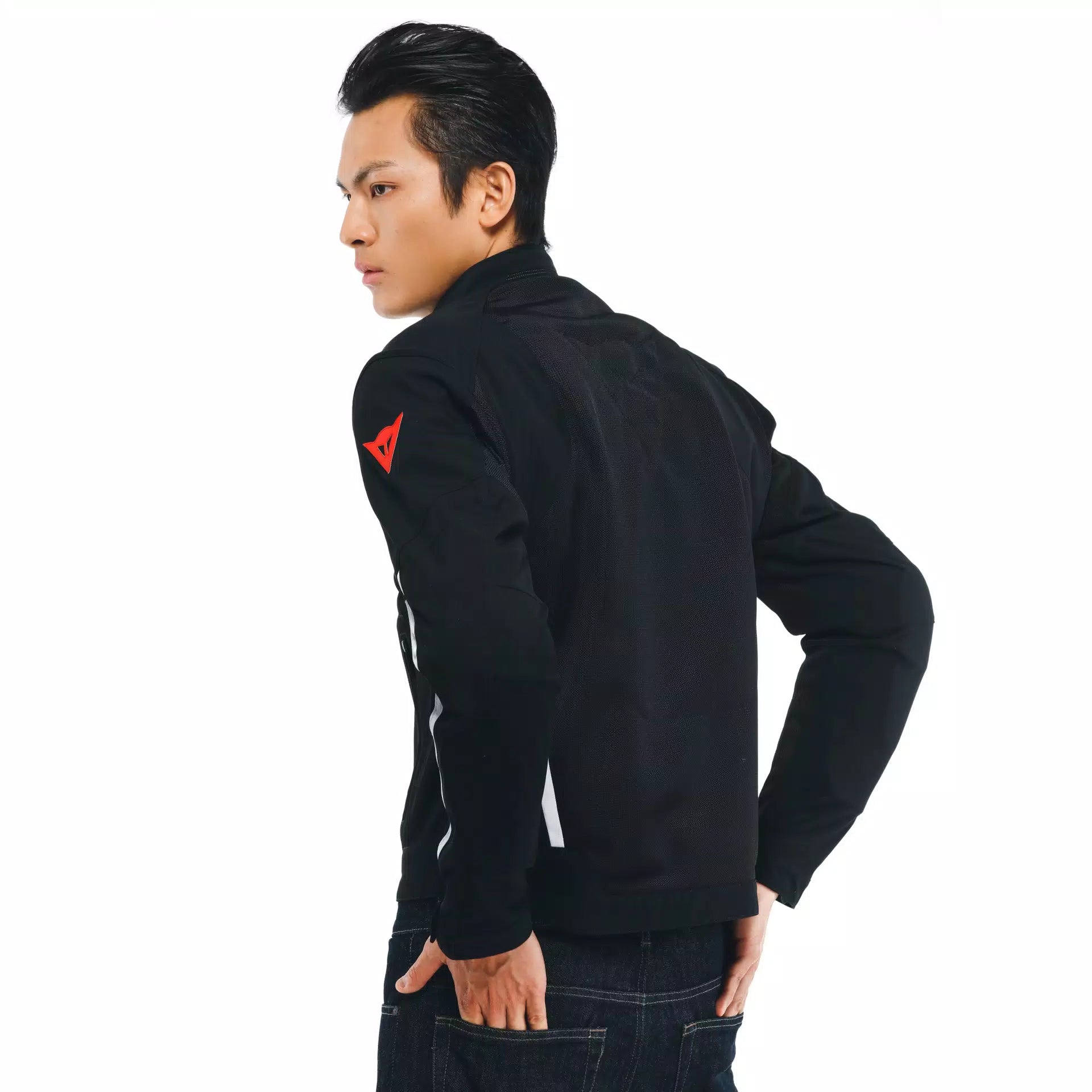Dainese HydraFlux 2 Air D-Dry black and white perforated waterproof motorcycle jacket with armored protection.