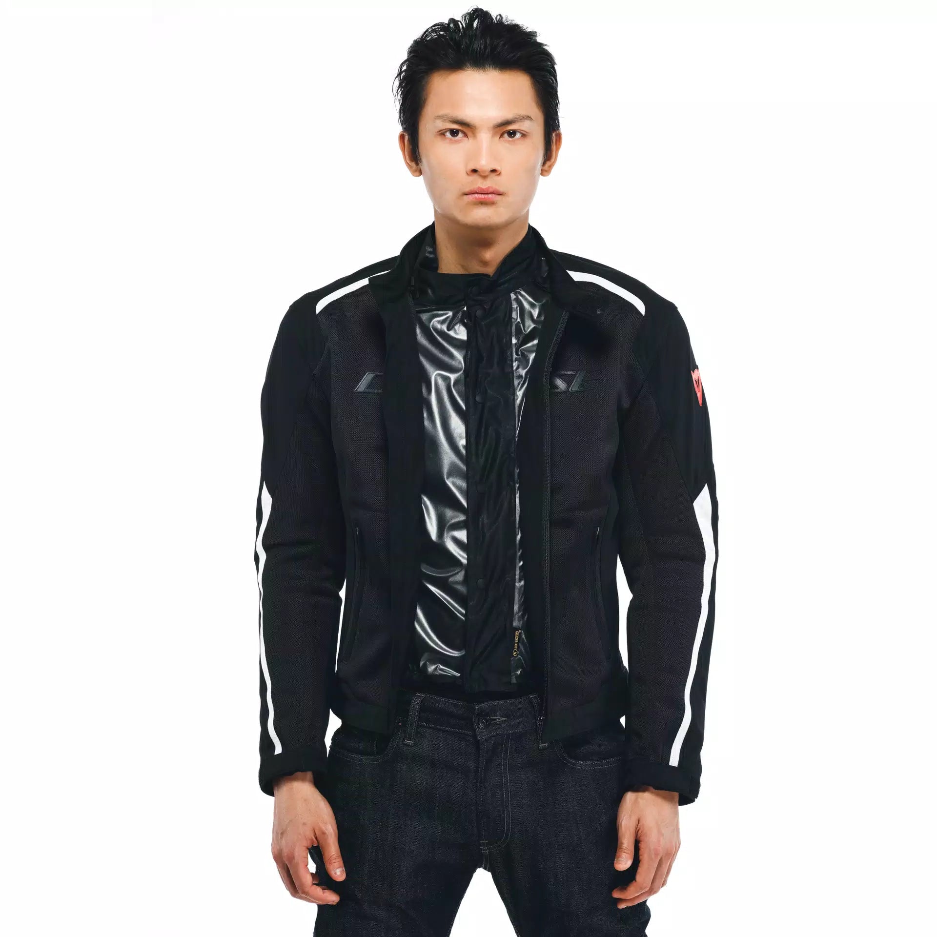 Dainese HydraFlux 2 Air waterproof perforated motorcycle jacket in black and white, featuring breathable D-Dry fabric.
