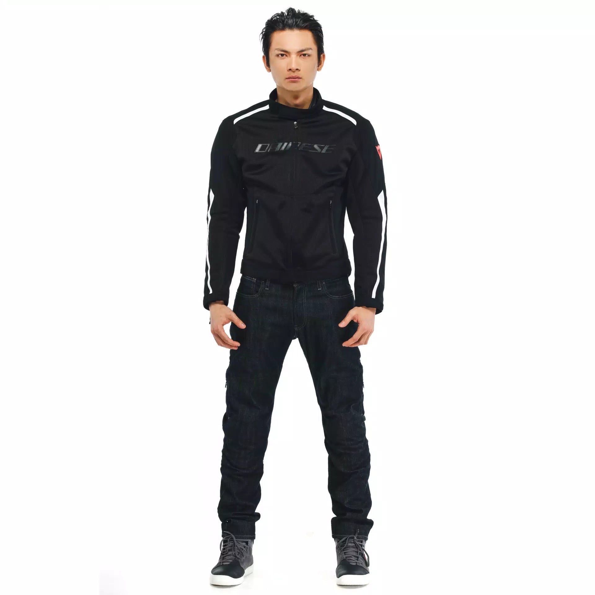 Dainese HydraFlux 2 Air D-Dry black and white perforated waterproof motorcycle jacket, showing front view with reflective details.