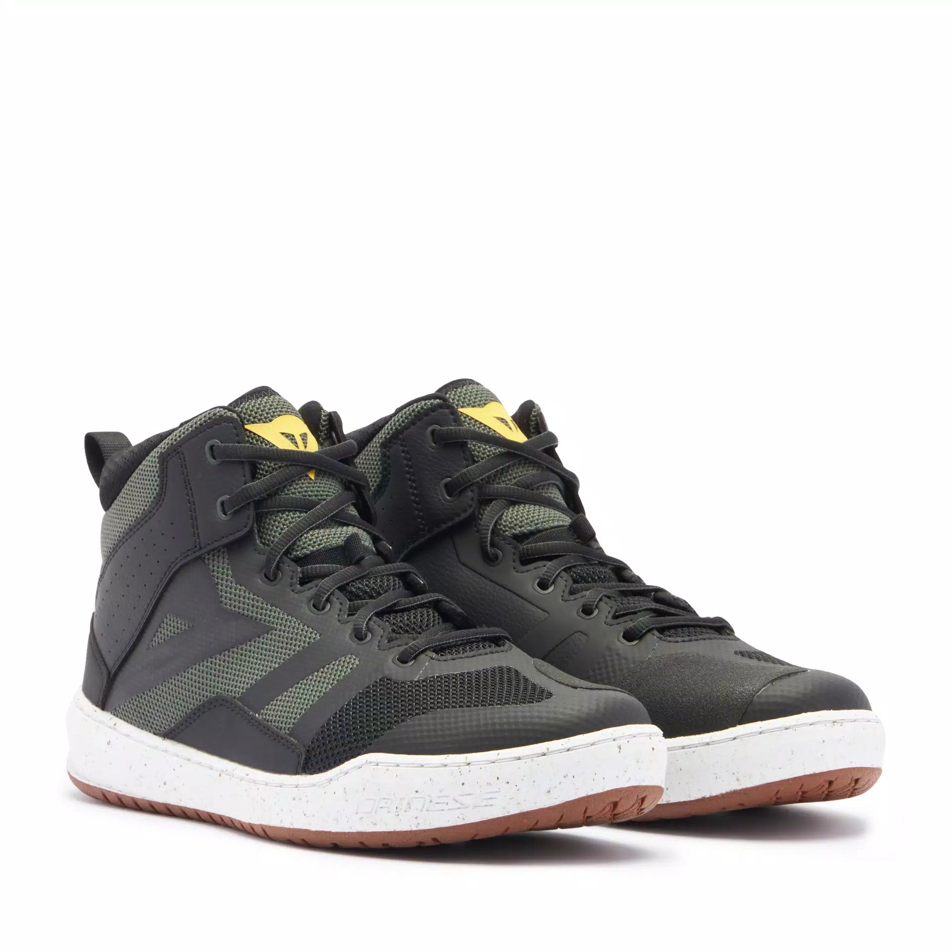 Dainese Suburb Air summer motorcycle shoes in black, white, and army green with breathable fabric and protective sole.
